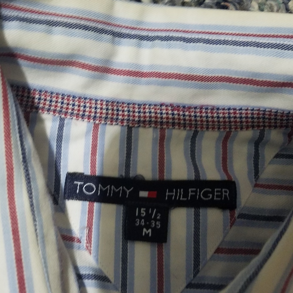 Vintage Tommy Hilfiger Mens Medium Red White Blue Stripe Button Up Down Shirt M - Picture 3 of 4